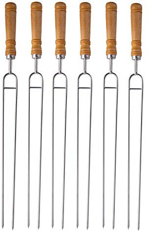 6 Pcs Stainless Steel Double Prong Skewers 42cm Shish Kebab Skewers with Wooden Handle BBQ Brown
