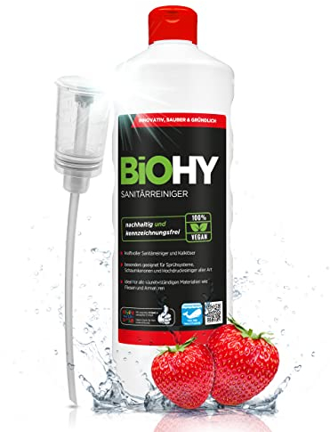 BiOHY Sanitärreiniger (1l Flasche) + Dosierer | Bio Kalklöser Konzentrat für den Sanitärbereich | EXTRA STARKER Badreiniger gegen Urin | befreit Dusche & WC von Kalk & Schmutz