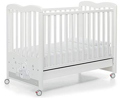 Foppapedretti Lettino con Sponda Regolabile Dolcestella, Legno di Faggio, Made in Italy, Rete a Doghe di Faggio, Ampio Cassetto, Regolabile a Doppia Altezza, 4 ruote, 131x73x103 cm, Bianco