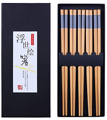 Antner 5 Pairs Bamboo Chopsticks Reusable Japanese Style Chopstick Gift Sets, Classic Natural Bamboo Chop Sticks Dishwasher Safe, 8.8 Inch/22.5cm