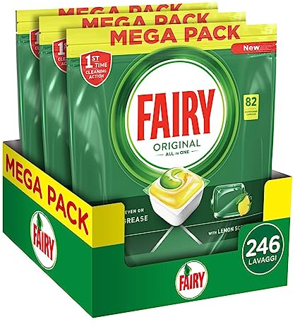 Fairy Original Todo en Uno - Detergente en cápsulas para lavavajillas, 246 ciclos (3 x 82 pastillas), tamaño grande, limón, elimina incluso la grasa incrustada