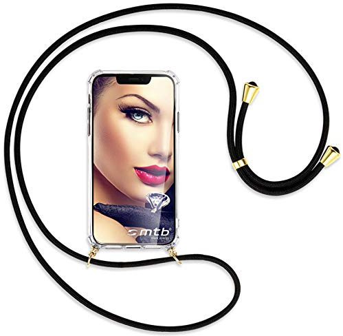 mtb more energy® Handykette kompatibel mit Samsung Galaxy A32 4G (SM-A325, 6.4'') - schwarz/Gold - Smartphone Hülle zum Umhängen - Anti Shock Strong Strong TPU Case