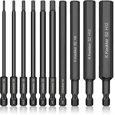 K Kwokker 10PCS 100MM Allen Wrench Drill Bits, 1.5mm-12mm Black Allen Key Bit Set, 1/4 Inch Hex Shank Hex Screwdriver Bit Set for Assembling Furniture
