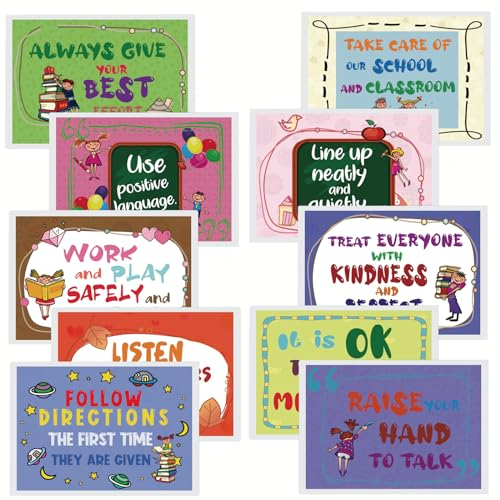 HONTOUSIP 10er Set Laminierte Klassenregeln Wandposter für Kinder im Vorschul- und Grundschulalter, Verwendung in der Schule, Klassenzimmerdekorationen(A4 Poster auf Englisch)