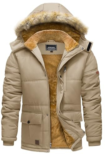 TACVASEN Herren Winter Parka Outdoor Jacket Wandern Snowboard Fleecejacke mit Reißverschluss und Kapuze, (XL, Khaki)