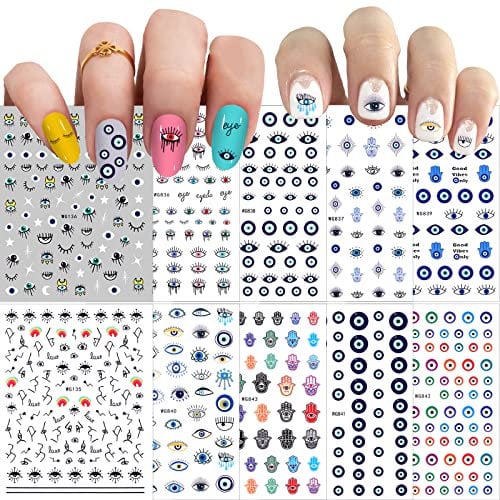 Kalolary 10 Sheets Evil Eyes Nail Art Stickers Decals, 3D Nail Decals Self-Adhesive Witch Nail Decals Cartoon Polka Dot Eyes Pattern Hand of Fatima Nail Design for Women Girls Nails DIY Decoration