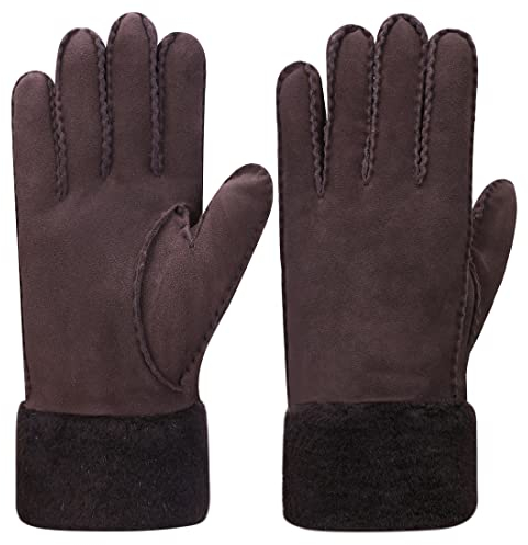 Harssidanzar Lederhandschuh für Frauen,Winter kaltes Wetter Schaffell Shearling beheizte warme pelzige Stulpenhandschuhe KL023EU,Braun,Größe S