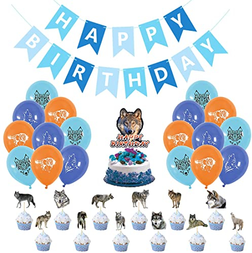 SUNSK Geburtstagsballons Wolf Tier Luftballons Runde Latexballon Happy Birthday Girlande Wolf Kuchen Topper Geburtstag Deko für Kinder 32 Stück