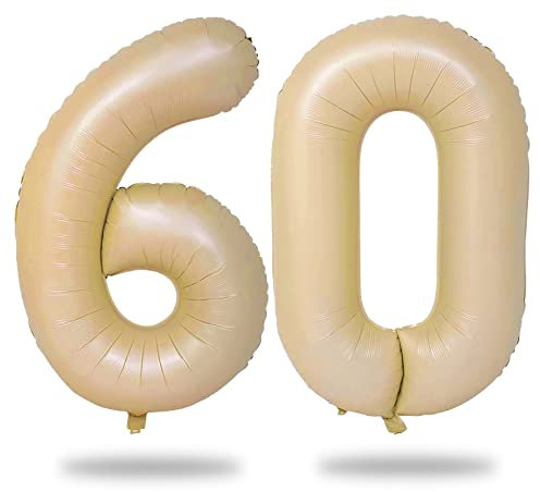 Lingqiang Beige Number 60 Birthday Balloons, 40 Inch Large Neutral Tan Foil 6 & 0 Balloons for Year Old Women, Boho Nude 60th Self Inflating Men Anniversary Party Decorations