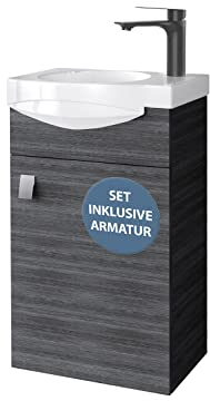 Planetmöbel Badmöbel Set Waschtisch mit Unterschrank 40 x 60 x 29 cm mit Waschtischarmatur schwarz für Badezimmer, Gäste WC & Bad, Anthrazit