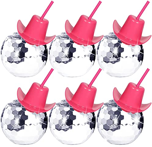 Tongnian Disco Ball Cups,6 Pcs Silver Disco Cups with Cowboy Hat Lid and Straw, Sparkly Glitter Disco Ball Tumbler Pink Western Cowgirl Hat Disco Ball Cocktail Cup for Party Supplies