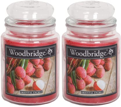 Woodbridge Große Duftkerze im Glas mit Deckel | 2er Duftkerzen Set Oriental Lychee | Duftkerze Fruchtig | Kerzen lange Brenndauer | Raumduft für Zuhause | Kerze 2 Docht
