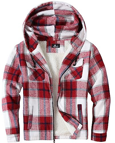 SwissWell Herren Hemdjacke Verdicken Kariertes mit Zipper Flanelljacke Plüschfutter Freizeit Gefüttert Holzfällerhemd Männer Winter Hemd Fleece Hoodie Winterjacke mit Brusttasche(Rot Weiß, 2XL)