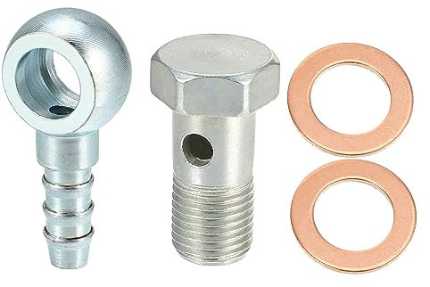 ACROPIX 10mm ID 7.5 mm OD M10x1.0 Banjo Hose Barb Bolt Fittings Universal Banjo Fitting Fuel Line with Copper Washers for Motorcycle Silver Tone - Pack of 4