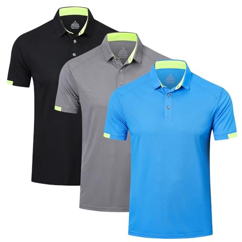 HUAKANG 3 Pack Mens Polo Shirts Short Sleeve Breathable Quick Dry Golf Top Running Sports Tee Top Gym Workout Polo T Shirts 0506-Black Grey Blue-M