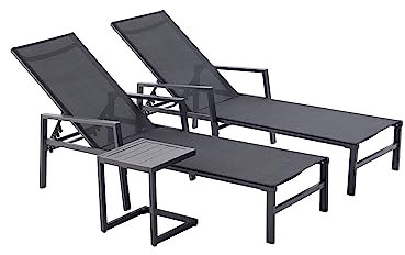CONCEPT Factory – Juego de 2 sillas ajustables con reposabrazos + mesa auxiliar | tumbona para tumbona, Bari negro, aluminio textil, ajustable 6 posiciones, jardín, terraza y piscina