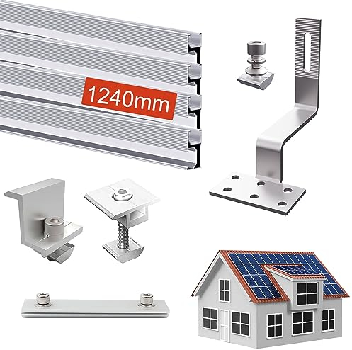 Sorlpv Solarmodul Halterung Balkonkraftwerk Ziegeldach mit 1240mm Montageschiene, Dachhalterungen Solarmodule Befestigung mit Dachhaken aus Edelstahl und Silberne Klemme, für 2 x 30mm PV Module
