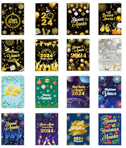 DPKOW Français 2024 Bonne Année Cartes de Vœux avec Enveloppe, 16 Différentes 2024 Nouvel an Cartes pour Nouvel an Cadeau, Bonne Année Cartes Postales pour Nouvel an 2024