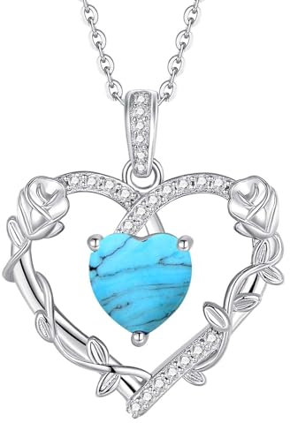 FANCIME Turquoise Necklace 925 Sterling Silver Heart Rose Flower Pendent December Birthstone Anniversary Birthday Christmas Gifts Jewellery Gifts for Women