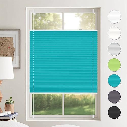 Plissee ohne Bohren Plissees Klemmfix Türkis 90x120cm(BxH) Jalousie Plisseerollo Blickdicht Fensterrollo innen ohne Bohren Sichtschutz & Sonnenschutz Rollos für Fenster ohne Bohren