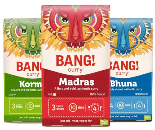 Madras, Korma, Bhuna Curry Sauce Kits | Authentic and Easy to use | Mild, Medium and Spicy restaurant style | Ready in 10 min | 100% natural, Vegan Friendly and Gluten free | 3 Pack - Serves 12