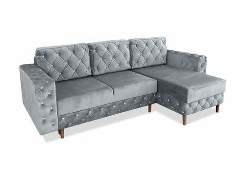 Ares Meble Gepolstertes Ecksofa Delux mit Schlaffunktion und Bettzeugcontainer - Relaxsofa 3 sitzer - Big Sofa mit schlaffunktion - Sofa Wohnzimmer - Schlafsofa140x200 Walnuss - Hellgrau