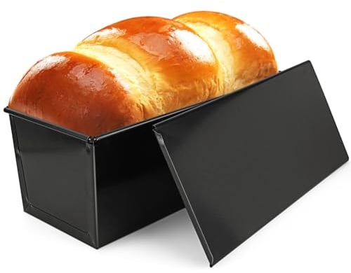 YAYODS 2lb Loaf Tin with Lid, Non Stick Pullman Loaf Tins, Large Bread Tin, Toast Mold Corrugated loaf Pan for Oven Baking(Black 32.5x14x12CM)