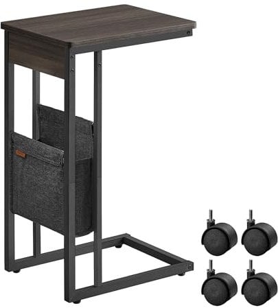 VASAGLE C-Shaped Side Table, Bedside Table, End Table for Small Spaces, with Fabric Storage Bag, Includes Adjustable Feet and Swivel Castors, Living Room, Ash Brown LET357K74