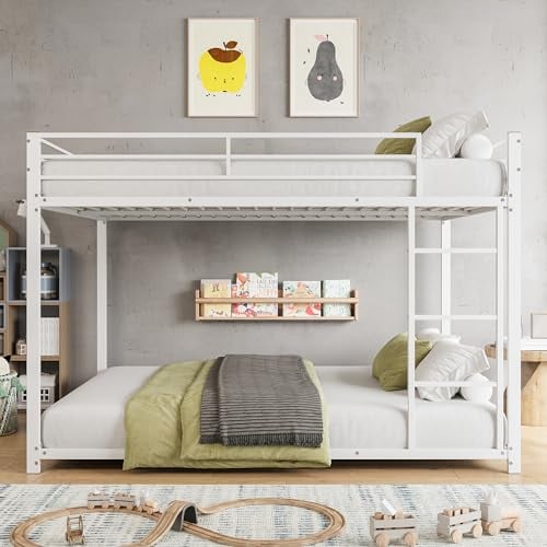 Etagenbett Kinderbett 140x200cm, Bettgestell Metallbett mit Leiter und Fallschutzgitter, Hochbett Eisenbett für Kinder Jugendliche und Erwachsene (Weiß, 140x200cm)