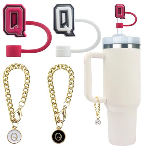 Velaco 4 PCS Initial Letter Charm Accessories and Straw Cover Pack- Chains with Initial Letter for Stanley 20 30 40 oz Tumbler with Handle