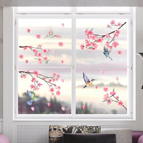 Tanlaby Blume Fensterbilder Frühling Sommer Fensteraufkleber Rosa Blumen Fenstersticker Selbstklebend Fenster Anti-Kollision Glastüren Fensterdeko Aufkleber