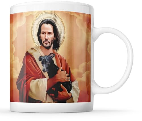 I Love Mugs - Keanu Reeves Jesus Holding Dog - Mr Wick Appreciation Mug, Ceramic, 11fl.oz.