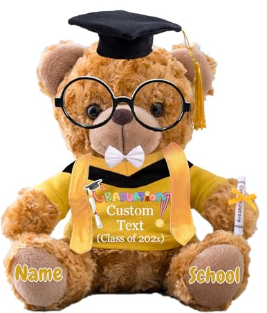 Personalisierter Abschluss-Teddybär mit Brille und Abschlussschal, Abschlussgeschenke für Ihn 2024 mit Text, Abschlussbär als Personalisierte Abschlussgeschenk für sie zum Abschluss 2024 (20 cm-Text)