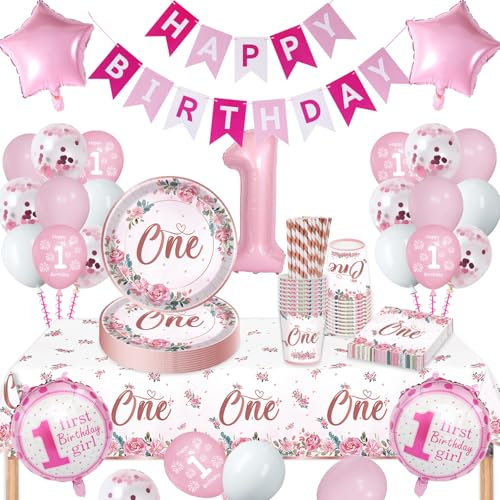 Décoration Anniversaire 1 An Fille - Ensemble de Vaisselle de Fête pour 16 Invités avec Ballons, Assiettes en Carton, Serviettes et Nappe