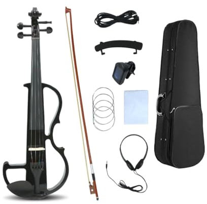 WUQIMUSC Violon électrique 4/4, silencieux, corps massif bois, fixations ébène, étui, archet, casque, cordes, pour étudiants, débutants et adultes (noir)