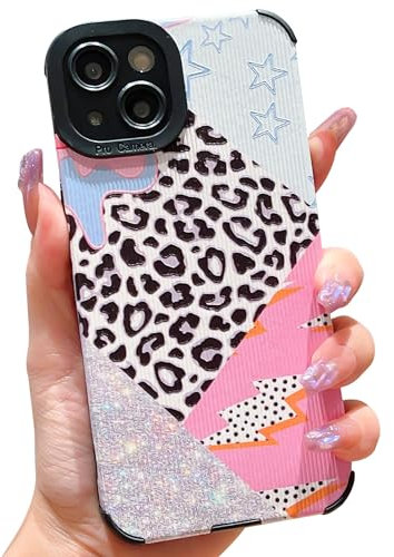 HZYKDWD Case for iPhone 15 Case 6.1 Inch,Full Camera Protection with Cute Sequins and Leopard Flash Splicing Pattern Soft TPU Shockproof Phone Cover for iPhone 15 for Women Girl