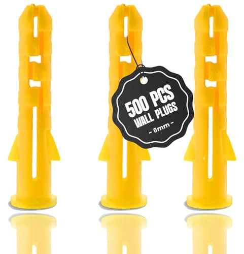 LEDSone 500 pezzi Set di tasselli gialli per muratura, assortiti, per mattoni, cartongesso, tasselli di espansione di varie dimensioni da 6 mm. Tasselli di espansione per muratura. (6mm)