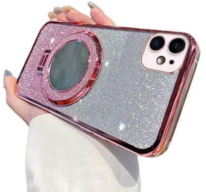 IMEIKONST Case Compatible with iPhone 11, Electroplate Gradient Glitter Makeup Mirror Ring Kickstand Lens Protection Shockproof Bumper Cover for iPhone 11. Rose Gold DSJ