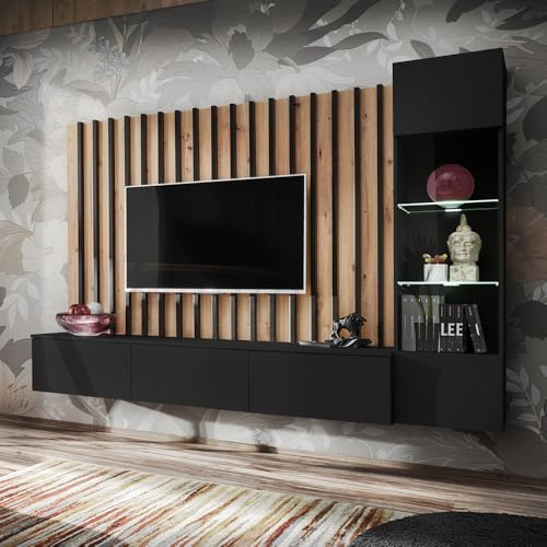 Lomadox Wohnwand Anbauwand Schrankwand 220cm, schwarz mit Eiche, Vitrine, Wandpaneel mit Lamellen, Lowboard, LED Beleuchtung