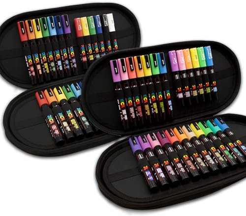 Posca Water Based Permanent Marker Paint Pen - PC-1M / PC-3M / PC-5M Nibs - Multi Surface Use - Display Gift Cases of 48 Pens (Essential + Pastel Set)