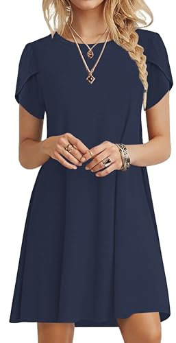 PLOKNRD Summer Dresses for Women UK Elegant Petal Short Sleeve T-Shirt Dress Crew Neck Casual Loose Swing Holiday Beach Dress with Pockets(Navy Blue,L)