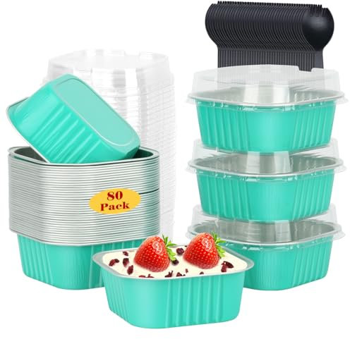LNYZQUS 10oz/80pack Foil Mini Cake Tins with Lids 4”X4” Small Cake Baking Pans Cupcake Containers,Disposable Ramekins Mini Aluminum Brownie Pan Large Muffin Cups Holders-Cyan Blue