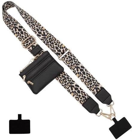 Long Keeper Handy Gurt mit Reißverschluss Brieftasche Verstellbare Crossbody Universal Handy Lanyards Anti Diebstahl Handykette Breites Ersatz Taschen Gurt (Leopard)