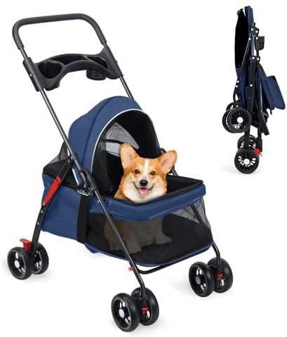 funrautz Hundewagen für kleine Hunde, Hundetragetasche mit Rollen, kleiner Hundebuggy mit Getränkehalter, atmungsaktives Netzgewebe, 10 kg Tragkraft, Blau