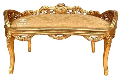 Luxus kleine Bank im französischen Stil Goldener Ottomane Fußhocker im Retro Barock und Rokoko Stil mit Goldenem Blumenmuster und Goldfinish als Heimdekoration