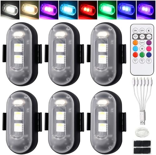 TirEurt 6PCS Wireless Magnetic LED Strobe Lights with Remote, IP65 Waterproof, 8 Colors & 10 Modes, PVC USB Rechargeable 110mAh Battery, PVC LED Lights for Car, Bike, Drone, Truck, Camping