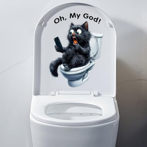 Funny Cat Toilet Cover Sticker, Removable Cartoon Animals Toilet Lid Decals Sticker, Self-Adhesive Waterproof Toilet Seat Sticker Bathroom Wall Door Stickers (Black Cat)