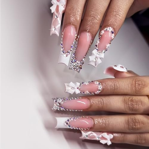 24-Pack Long Press-On Nails- White 3D Bow Flowers, Rhinestone Designs & French Tips with Jelly Adhesive, Stick-On False Nails for a Flawless Look