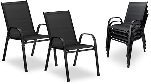 sunnypillow 2er Set Stapelstühle, Hochlehner Gartenstühle mit Armlehnen | stapelbare Terrassenstühle aus Textilene pulverbeschichtetem Stahl, belastbar bis 120 kg, ideal für Innen und Außen, Schwarz