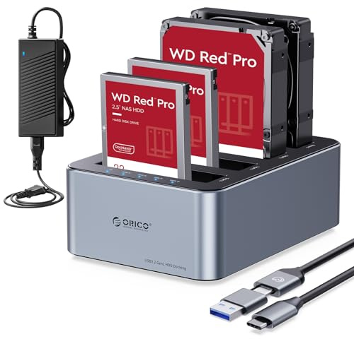 ORICO 4 Bay Hard Drive Enclosure USB 3.2 Gen 1 for SATA 2.5/3.5 Inch SSD/HDD up to 4 x 20 TB, Aluminium Clone HDD Docking Station, Offline Cloning, 12V/6.5A Power Supply (6646C3-C)